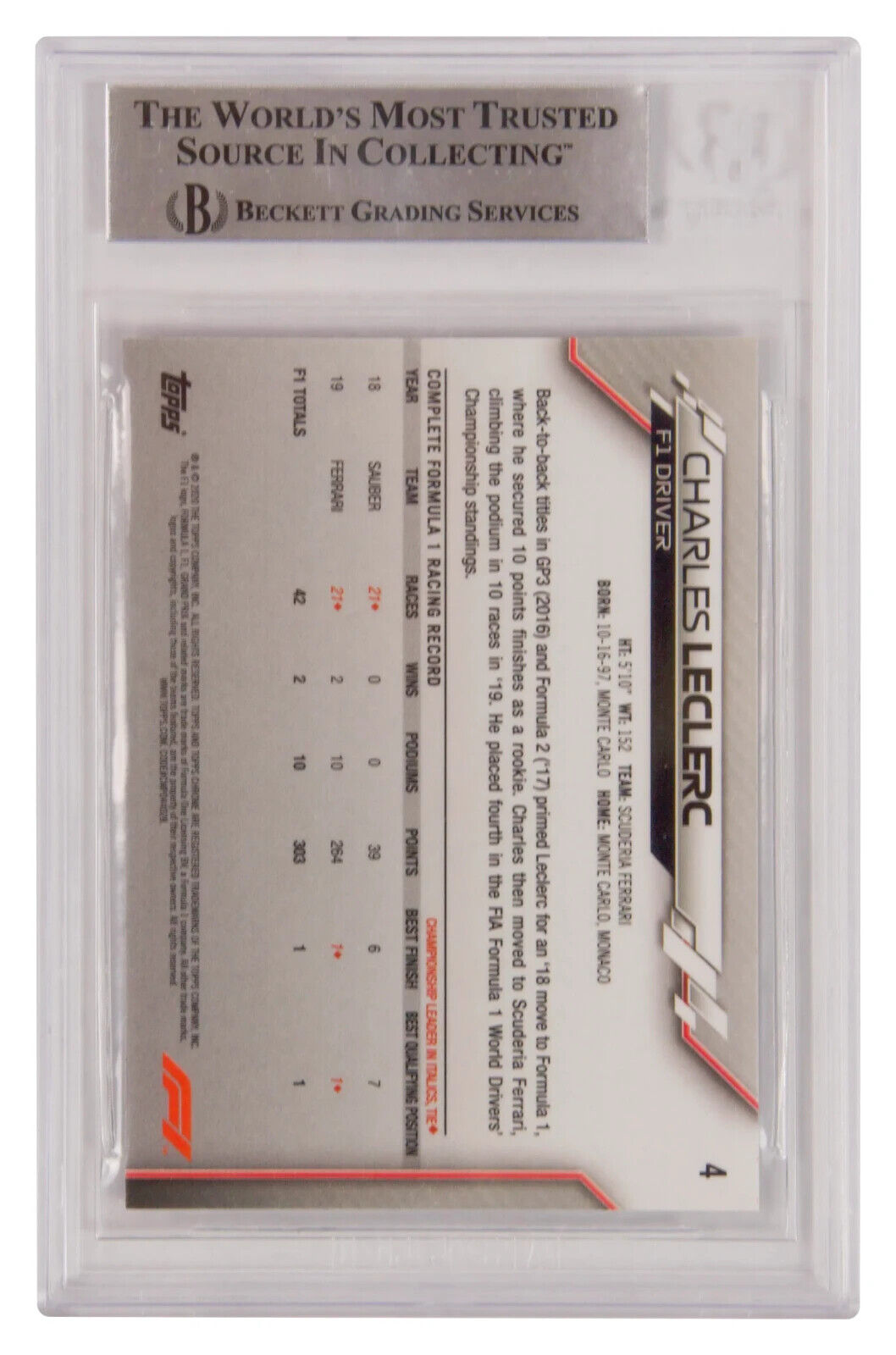 Charles Leclerc Signed 2020 Topps Chrome Formula 1 #4 – BGS Authentic